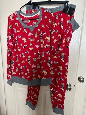 Cuddl Duds Red Holiday Dog Print Pajama Set with Gray Trim